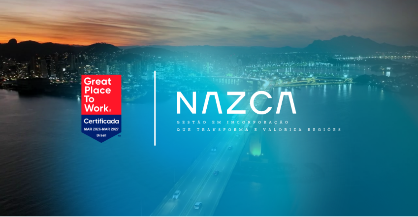 Selo Great Place To Work Certificada 2026-2027 sobre imagem aérea de Vitória - ES