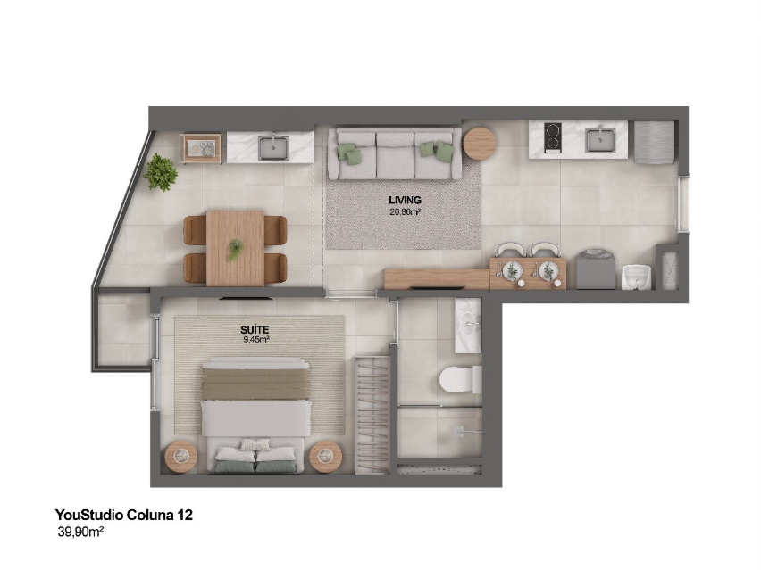 Planta do apartamento YouStudio Coluna 12 com 39,90m² no Youniverse, Enseada do Suá